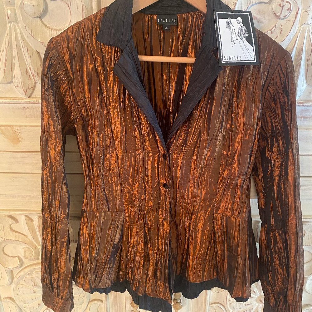 New Fancy Metallic Evening Asymmetrical Fit Flair Jacket Textured Java Black S